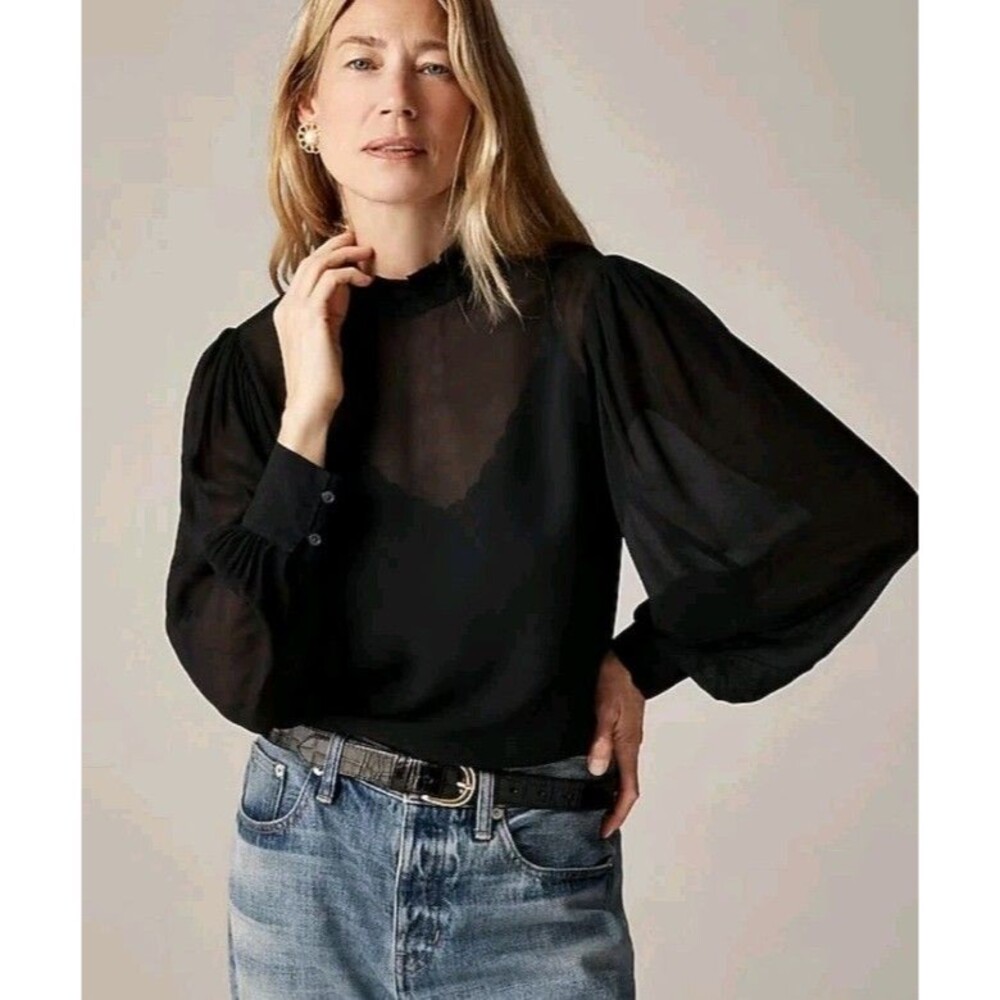 J.Crew Ruffleneck Top in Chiffon Black Plus Camisole CF438 $138 Size XXS NWT